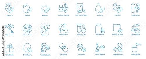 Complete Vitamin and Health Nutrition Vector Icon Set – Vitamin B, C, D, E, K, Juice and Foods, Hair and Skin Care, Gummy and Effervescent Tablets, Calcium plus D, Plant-Based Supplements 