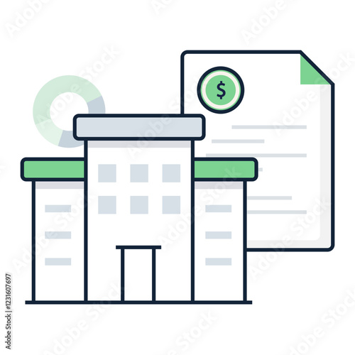 Financial Building with Document Icon. Business Management, Financial Documentation, and Corporate Strategy Illustration.