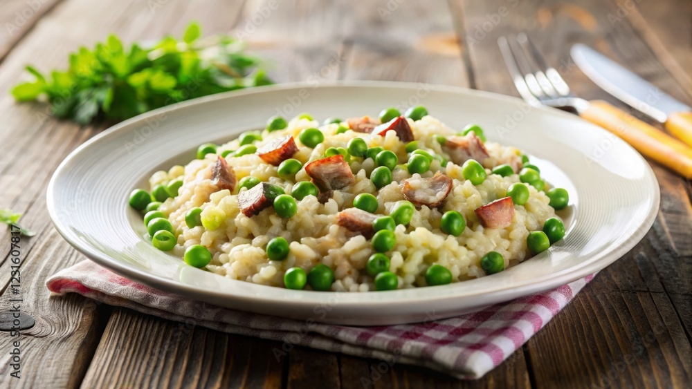 Creamy Risotto with Peas and Crispy Bacon on Wooden Table Creamy Risotto with Peas and Crispy Bacon on Wooden Table