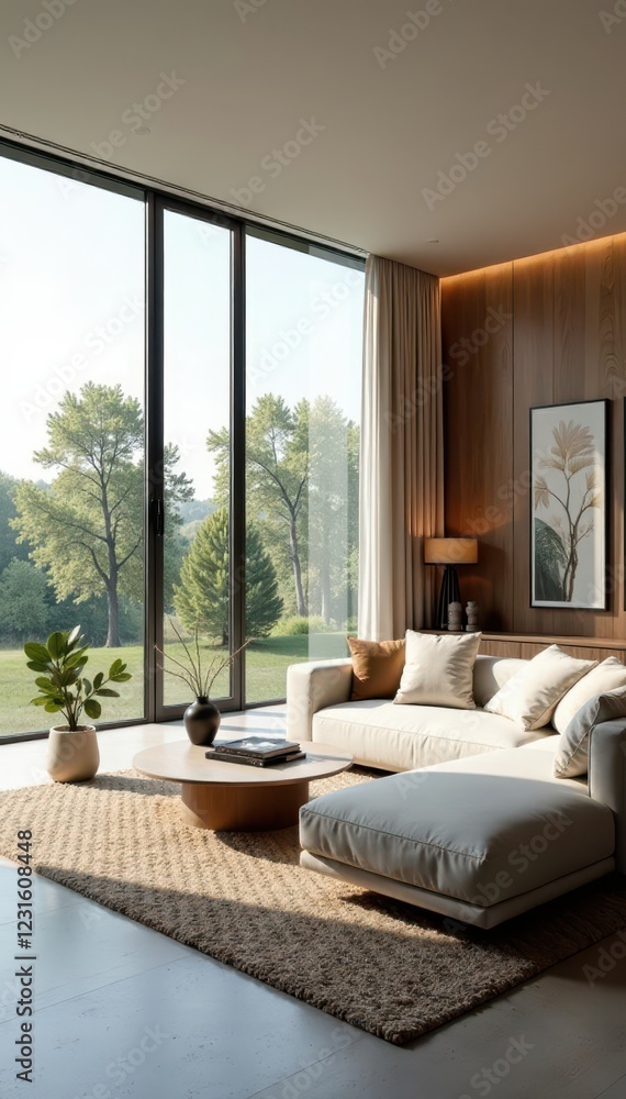 Sleek minimalist living room, expansive windows, house, window Sleek minimalist living room, expansive windows, house, window