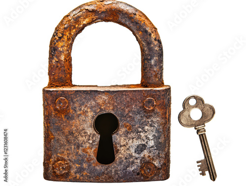 Isolated Old Padlock and Key photo