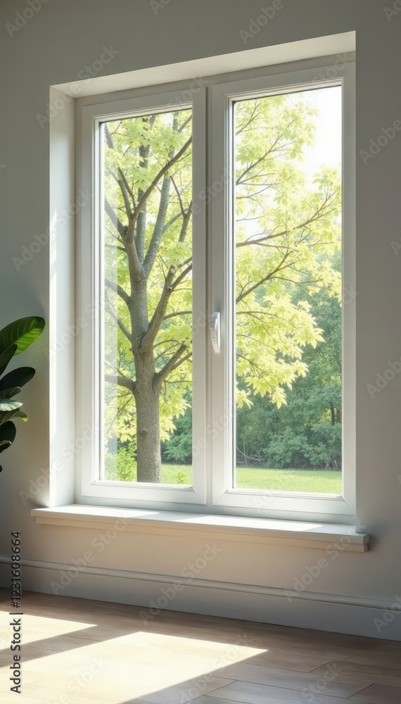 Modern white PVC window, sunlight streaming in, simple, daylight Modern white PVC window, sunlight streaming in, simple, daylight