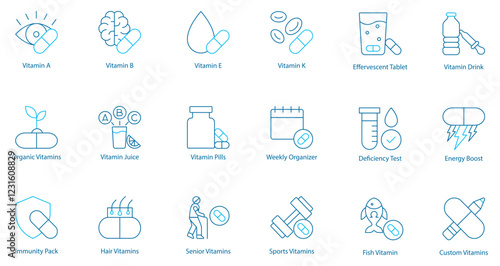 Essential Vitamins and Immunity Boost Vector Icon Set – Vitamin A, B, E, K, Organic and Custom Formulas, Immunity Pack, Juice and Drinks, Hair and Skin Care, Pills, Weekly Organizer 