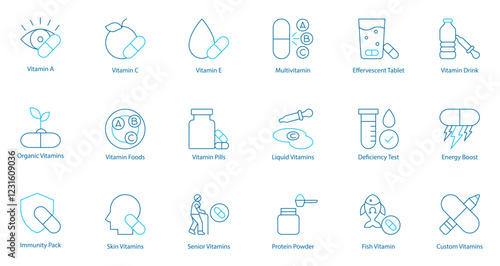 Advanced Health and Nutrition Vector Icon Set – Vitamin A, C, E, Organic and Custom Supplements, Immunity Pack, Foods, Skin and Senior Care, Multivitamins, Liquid Formulas, Protein Powder 