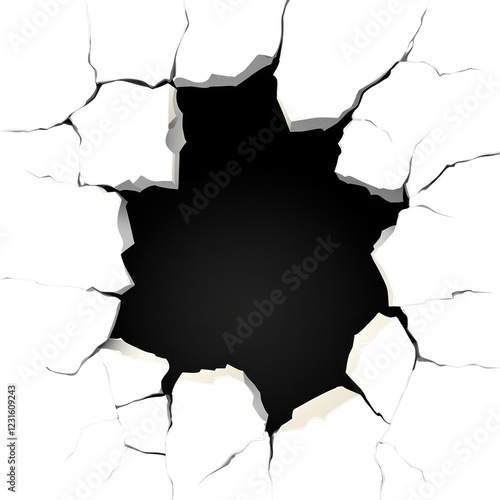 A large crack with a hole showing a dark background through broken walls, isolated on a transparent background, png, alpha