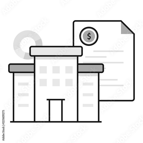 Financial Building with Document Icon. Business Management, Financial Documentation, and Corporate Strategy Illustration.