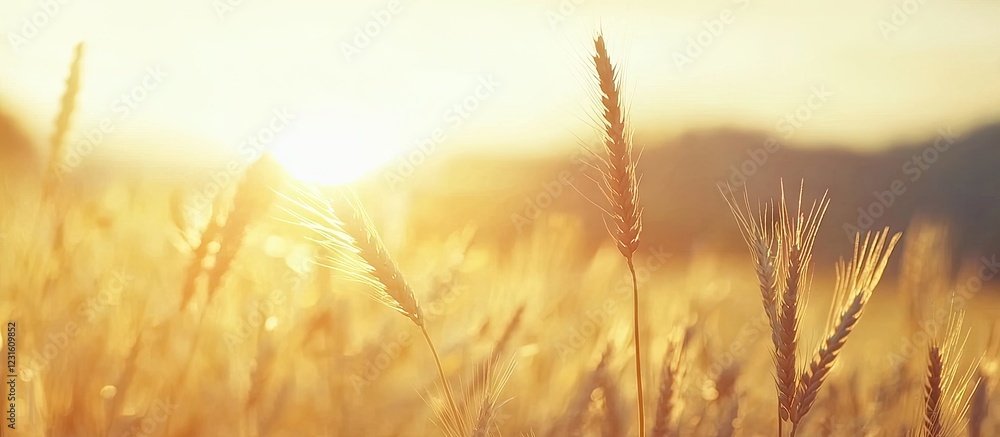 Fototapeta premium Golden wheat field illuminated by sunset with warm golden hues, soft sun rays casting serene shadows over swaying wheat stalks in foreground.