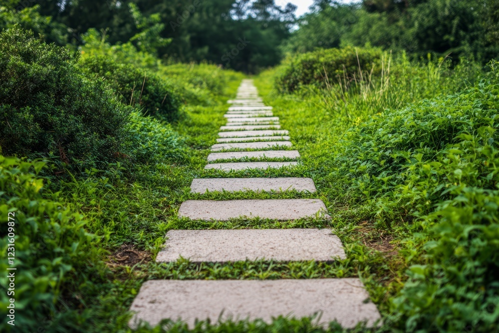 A tranquil stone pathway leads through vibrant green foliage, creating a serene and peaceful garden atmosphere. A tranquil stone pathway leads through vibrant green foliage, creating a serene and peaceful garden atmosphere.