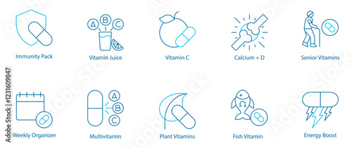Immunity and Daily Nutrition Vector Icon Set – Immunity Pack, Weekly Organizer, Vitamin Juice, Multivitamin, Vitamin C, Plant-Based Supplements, Calcium plus D, Fish Vitamin, Senior Nutrition 