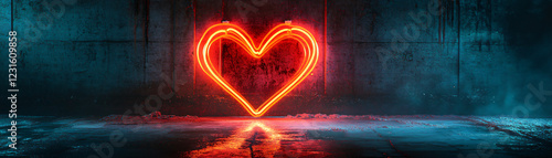 Neon heart glowing against a textured wall, symbolizing love and passion. photo