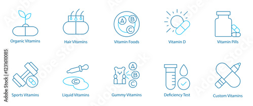 Organic and Custom Vitamin Vector Icon Set – Organic Vitamins, Hair Care, Nutrient-Rich Foods, Vitamin D, Pills, Sports and Liquid Supplements, Gummy Vitamins, Deficiency Test, Custom Formulas