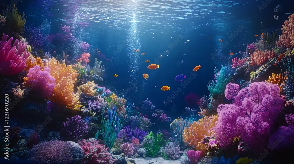 Fototapeta premium Vibrant coral reef teeming with fish, underwater scene, ocean background, ideal for marine life documentaries