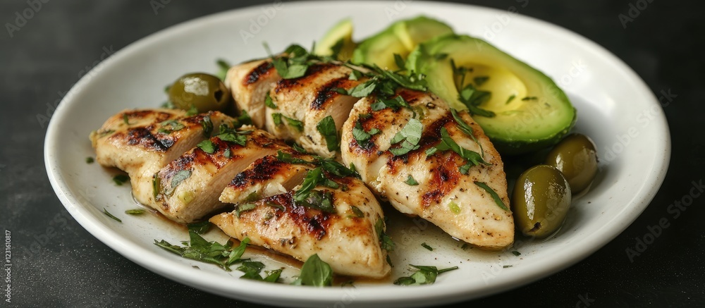 Grilled chicken breast slices arranged on a white plate with avocado and green olives accented by fresh herbs against a dark background in top view.