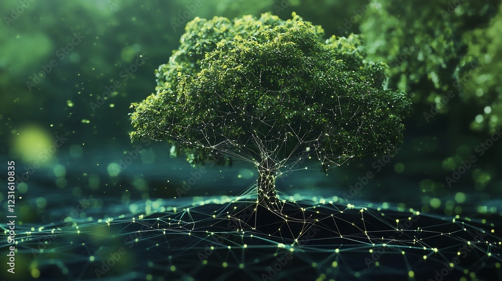 Digital tree network, forest background, nature technology, sustainable growth, environmental concept Digital tree network, forest background, nature technology, sustainable growth, environmental concept