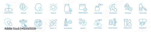 Complete Wellness and Immunity Vector Icon Set – Organic Vitamins, Immunity Pack, Vitamin B, Juice and Foods, Skin and Senior Care, Vitamin D, K, Calcium plus D, Pills, Weekly Organizer 