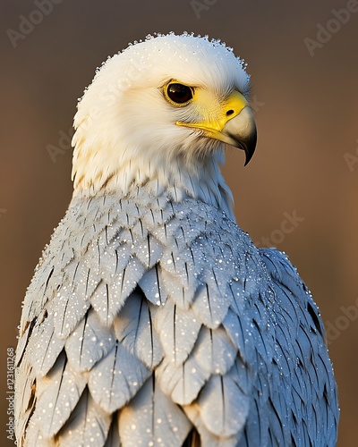 Gyr Falcon Portrait, Dew-Covered Feathers, Golden Hour photo