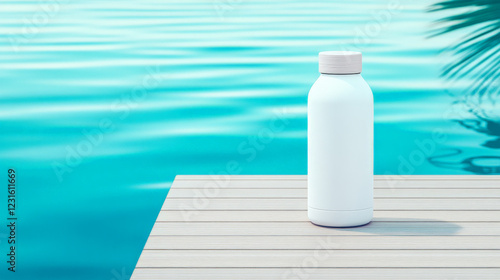 White water bottle by the pool on a summer day. Perfect for hydration!