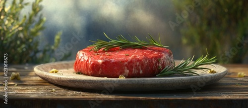 Fresh red beefsteak with rosemary on a rustic plate, centered against a blurred green background, evokes warmth and inviting culinary appeal. photo