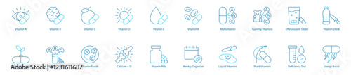 Comprehensive Vitamin and Supplement Vector Icon Set – Vitamin A, B, C, D, E, K, Multivitamin, Gummy and Effervescent Tablets, Vitamin Drinks, Organic Nutrition, Calcium plus D, Pills, Weekly Organize