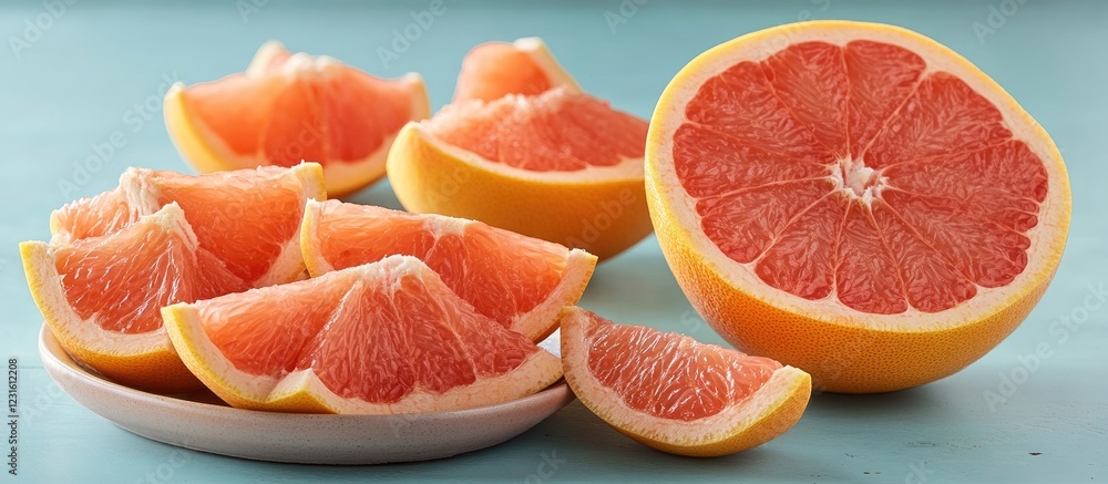 Freshly cut grapefruit segments and a half on a pastel blue table create a vibrant, colorful display with soft pink and yellow hues Freshly cut grapefruit segments and a half on a pastel blue table create a vibrant, colorful display with soft pink and yellow hues