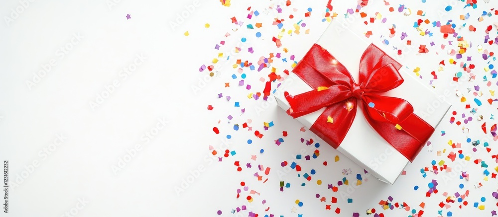 Festive white gift box with a vibrant red bow positioned at the center, surrounded by colorful confetti, set against a clean white background. Festive white gift box with a vibrant red bow positioned at the center, surrounded by colorful confetti, set against a clean white background.