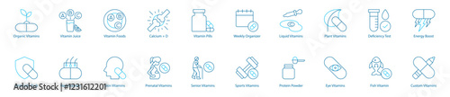 Complete Wellness and Nutrition Vector Icon Set – Organic Vitamins, Vitamin Juice and Foods, Calcium plus D, Pills, Weekly Organizer, Liquid and Plant-Based Vitamins, Deficiency Test, Energy Boost 