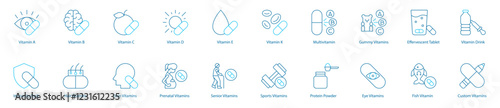 Essential Vitamins and Health Supplements Vector Icon Set – Vitamin A, B, C, D, E, K, Multivitamin, Gummy and Effervescent Tablets, Vitamin Drink, Immunity Pack, Hair and Skin Care, Prenatal 