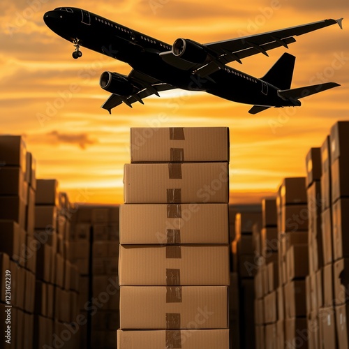 Cargo plane delivering packages at sunset air transportation logistics urban landscape aerial view efficiency