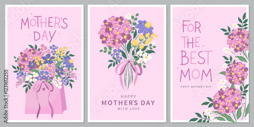 Happy Mother's Day card set, Spring summer floral design. For the best mom inscription. Vector illustration for banner, poster, label, template or cover with flowers frame. 