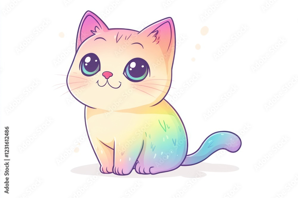Fototapeta premium Rainbow kitten sitting, pastel background, cute pet, children's illustration