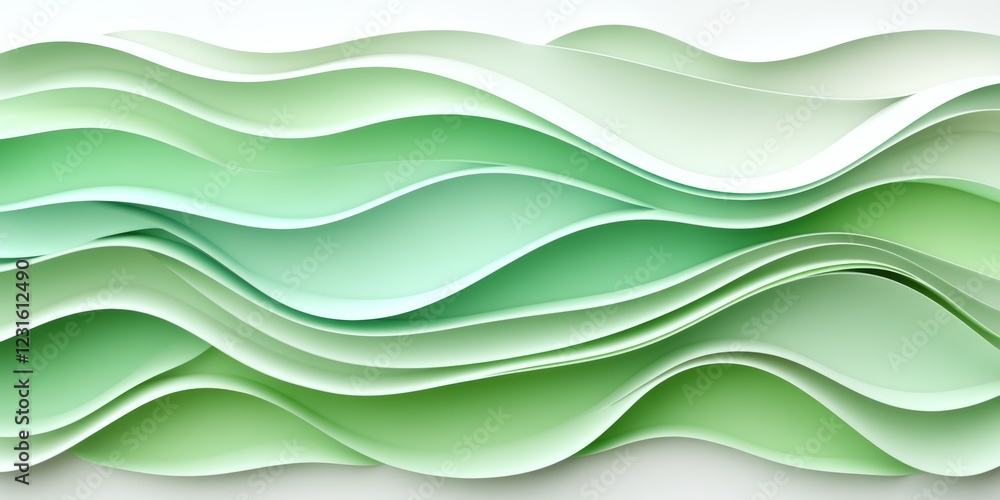Fototapeta premium Abstract Pale Green Gradient Wavy Background, 3D Shapes Minimalist Design, Monochromatic Color