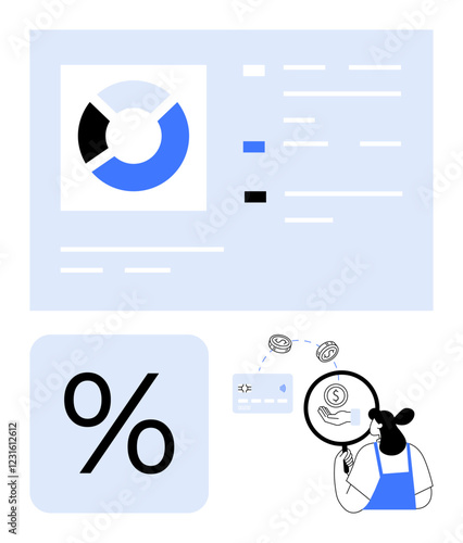 Business person with magnifying glass, credit card, currency symbols, detailed pie chart. Ideal for financial analysis, data presentation, statistics, online banking, currency exchange investment