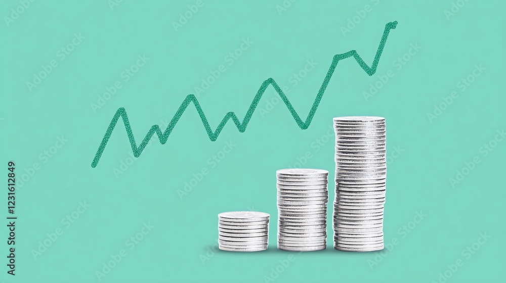 Growing coin stacks, upward trend graph, teal background. Financial success, investment growth illustration Growing coin stacks, upward trend graph, teal background. Financial success, investment growth illustration