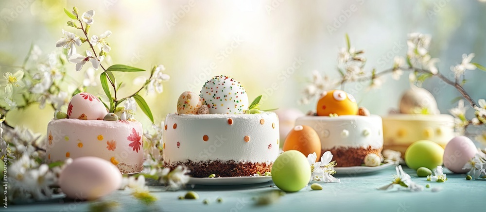 Spring-themed dessert display with pastel-colored Easter cakes, eggs, and floral decorations, set against a soft, vibrant background. Spring-themed dessert display with pastel-colored Easter cakes, eggs, and floral decorations, set against a soft, vibrant background.