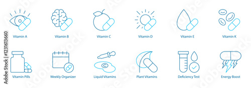 Essential Vitamins and Supplements Vector Icon Set – Vitamin A, B, C, D, E, K, Pills, Weekly Organizer, Liquid and Plant-Based Vitamins, Deficiency Test, Energy Boost