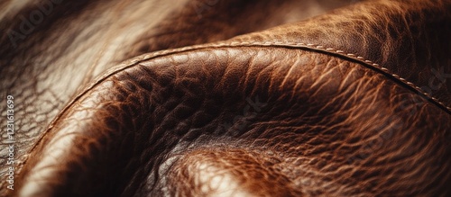 Close-up of rich brown leather texture with natural marbling and scratches highlighted, ideal for backgrounds or wallpapers in design projects.