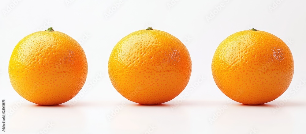 Three vibrant oranges arranged in a row against a clean white background highlighting their rich orange color and fresh texture for a refreshing look Three vibrant oranges arranged in a row against a clean white background highlighting their rich orange color and fresh texture for a refreshing look