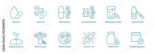 Multivitamins and Supplement Forms Vector Icon Set – Vitamin E, K, Multivitamin, Gummy and Effervescent Tablets, Vitamin Drink, Organic Nutrition, Vitamin Juice and Foods, Calcium plus D, Pills 