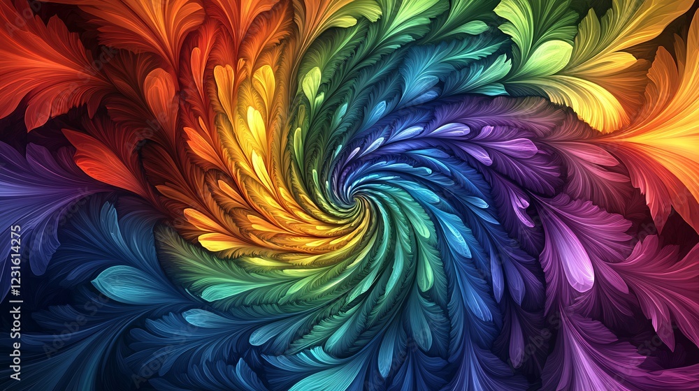 A vector illustration of a kaleidoscopic parrot feather pattern with swirling rainbow fractals. A vector illustration of a kaleidoscopic parrot feather pattern with swirling rainbow fractals.