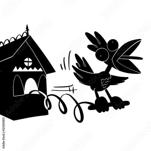 Vector Cartoon Silhouette of a Bird and a Birdhouse