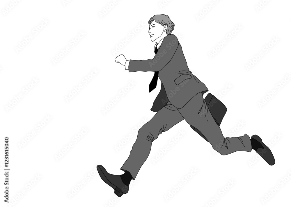 走るサラリーマン男性のモノクロイラストセット 全身横向き