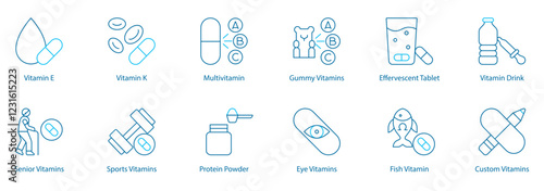 Advanced Supplements and Customization Vector Icon Set – Vitamin E, K, Multivitamin, Gummy and Effervescent Tablets, Vitamin Drink, Senior and Sports Nutrition, Protein Powder, Eye and Fish Vitamins 