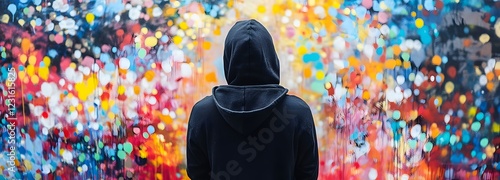 A person in a black hoodie standing in front of a vibrant urban mural, city life bustling around them photo