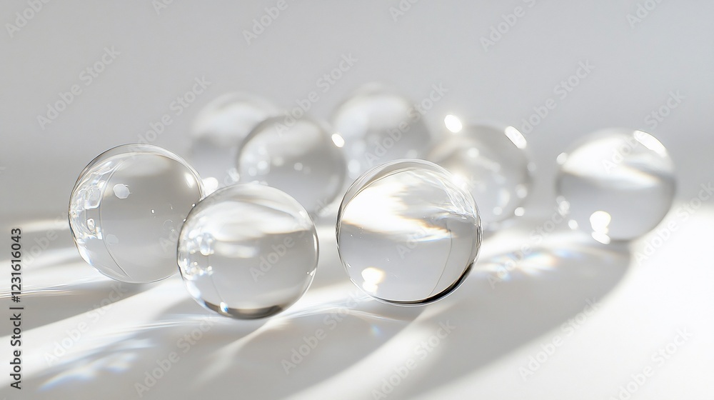 Clear glass spheres on white background, light reflection, purity concept, for product advertising Clear glass spheres on white background, light reflection, purity concept, for product advertising