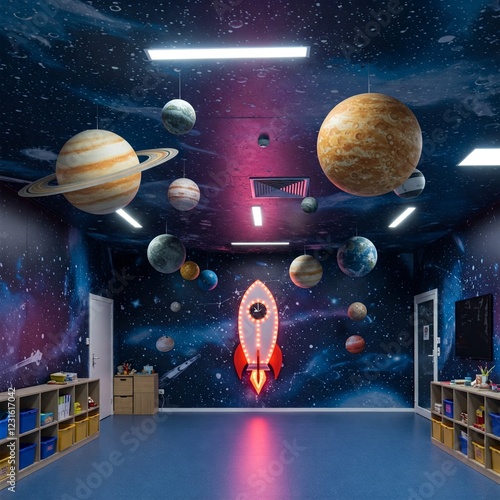 A wide-angle shot of a space-themed classroom, with planets hanging from the ceiling, starry wall decals, and a rocket-shaped clock.
 photo