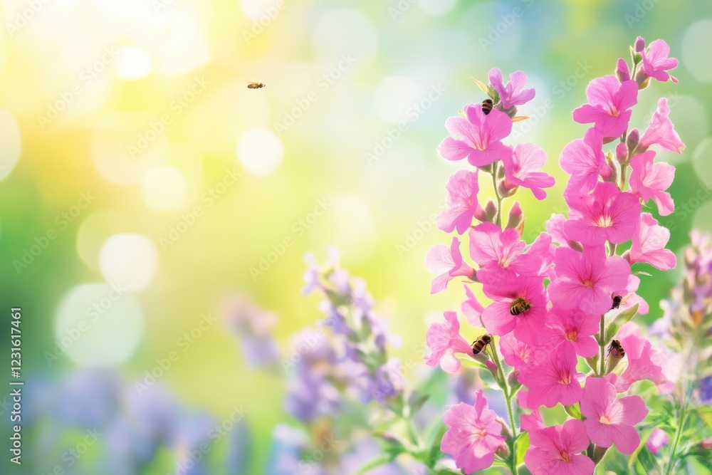 A Vibrant Close-Up of Pink Flowers with Bees Hovering in a Sunlit Meadow, Showcasing Nature's Dynamic Beauty and the Harmony of Life A Vibrant Close-Up of Pink Flowers with Bees Hovering in a Sunlit Meadow, Showcasing Nature's Dynamic Beauty and the Harmony of Life