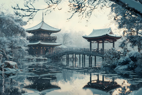 Winter landscape of traditional Japanese pagoda and bridge surrounded by nature. Harmony of nature and architecture