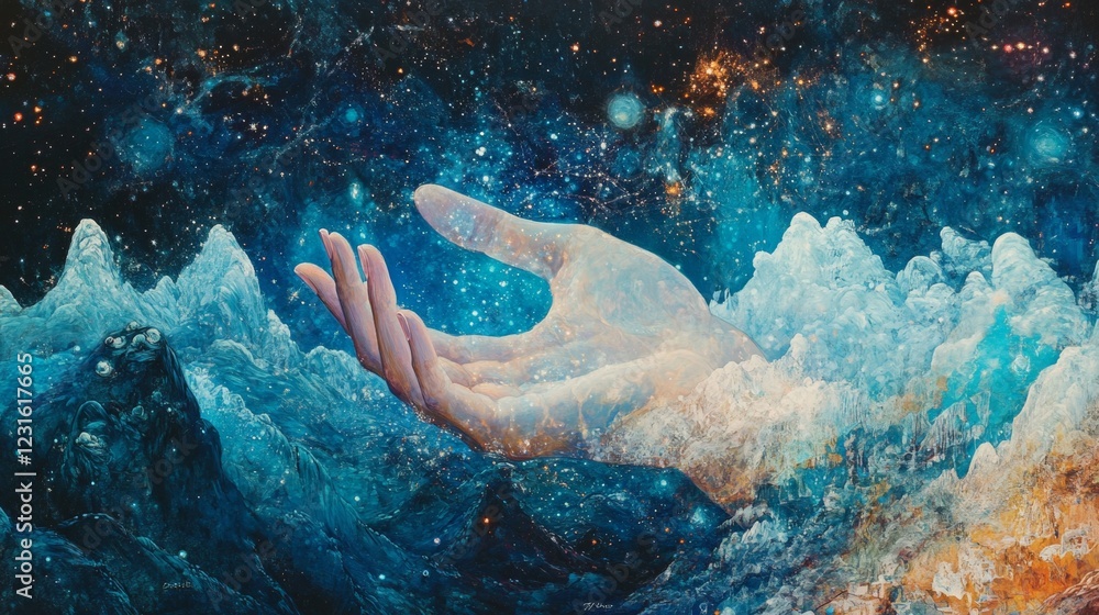 Fototapeta premium A mesmerizing hand emerges from vibrant cosmic waves, blending the realms of nature and the universe. The artwork captures a sense of wonder and connection.