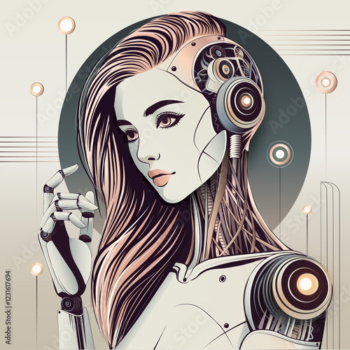 A digital vector illustration of robot girl. A futuristic illustration of technological progress, new technologies, AI and transhumanism.