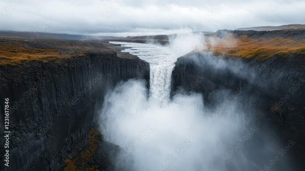 Fototapeta premium World water day with conservation and supply idea. Majestic waterfall cascading into a misty gorge.